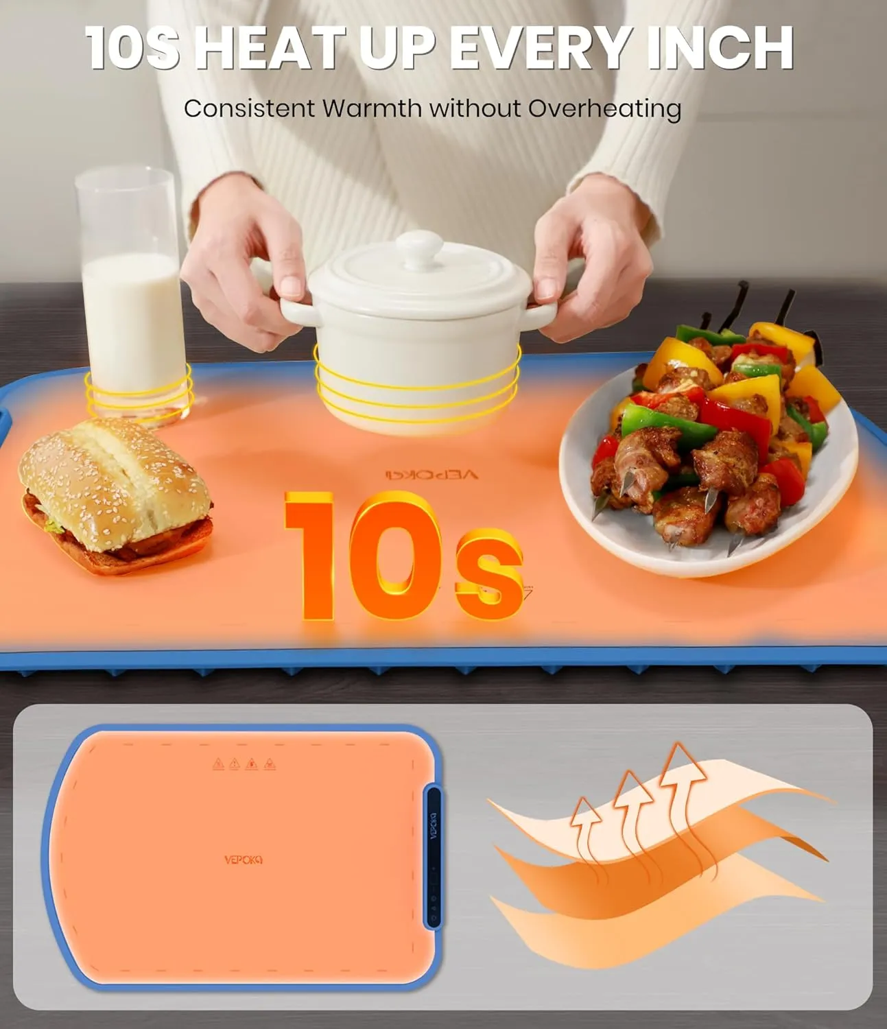 Food Warming Mat for Buffet, VEPOKA Food Warming Mats for Countertop, Silicone Heating Mat with 7 Temperature Levels& Auto Shut-Off, Food Warmers for Parties, Gatherings, Everyday Use