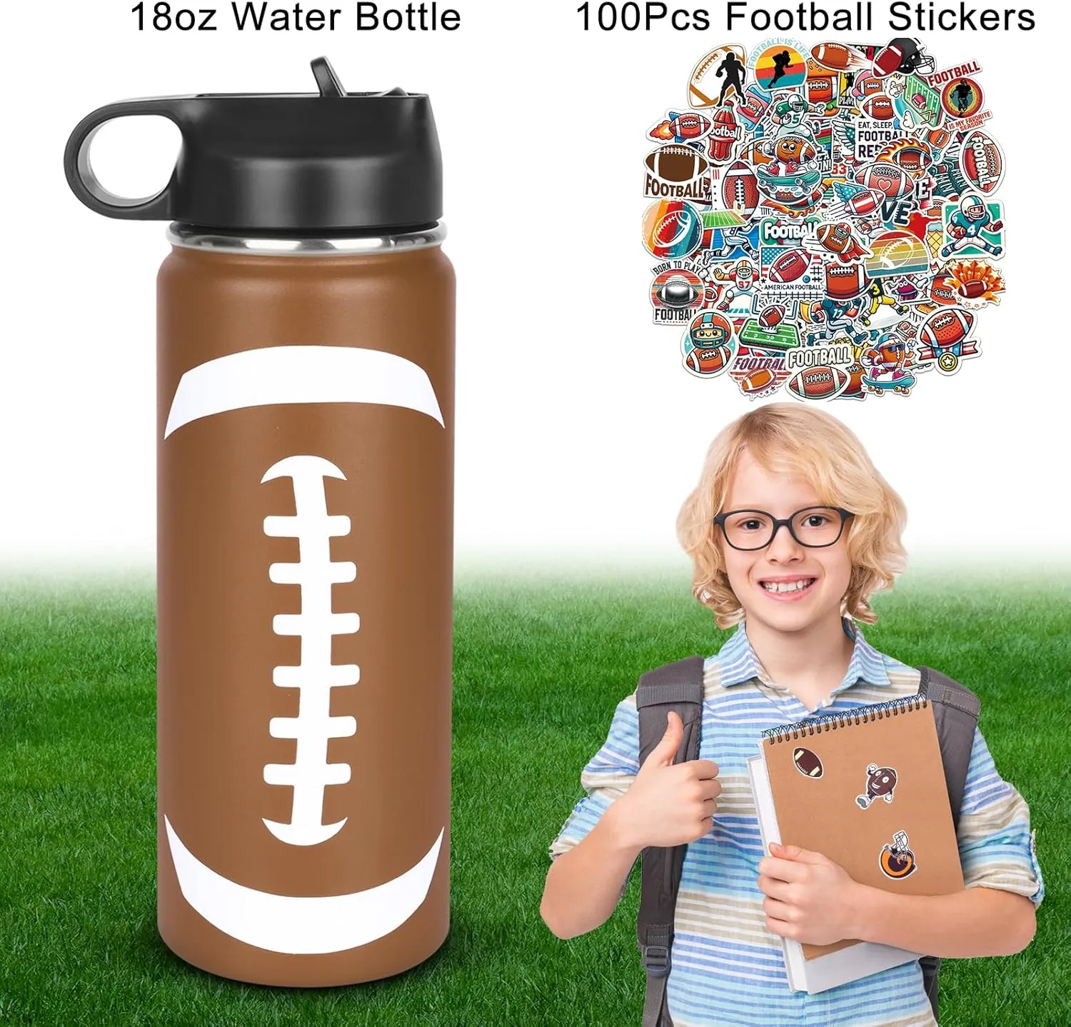 Football Water Bottle 18oz and 100PCS Football Stickers Personalized Stainless Steel Insulated Sports Water Bottle Football Accessories Stuff Gear Football Gifts for Boys 8-12 12-14 Player