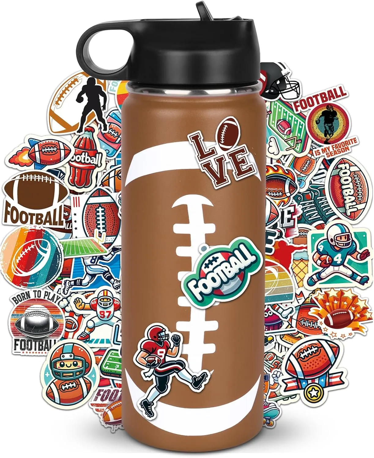 Football Water Bottle 18oz and 100PCS Football Stickers Personalized Stainless Steel Insulated Sports Water Bottle Football Accessories Stuff Gear Football Gifts for Boys 8-12 12-14 Player