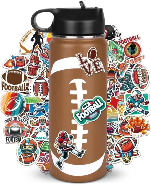 Football Water Bottle 18oz and 100PCS Football Stickers Personalized Stainless Steel Insulated Sports Water Bottle Football Accessories Stuff Gear Football Gifts for Boys 8-12 12-14 Player