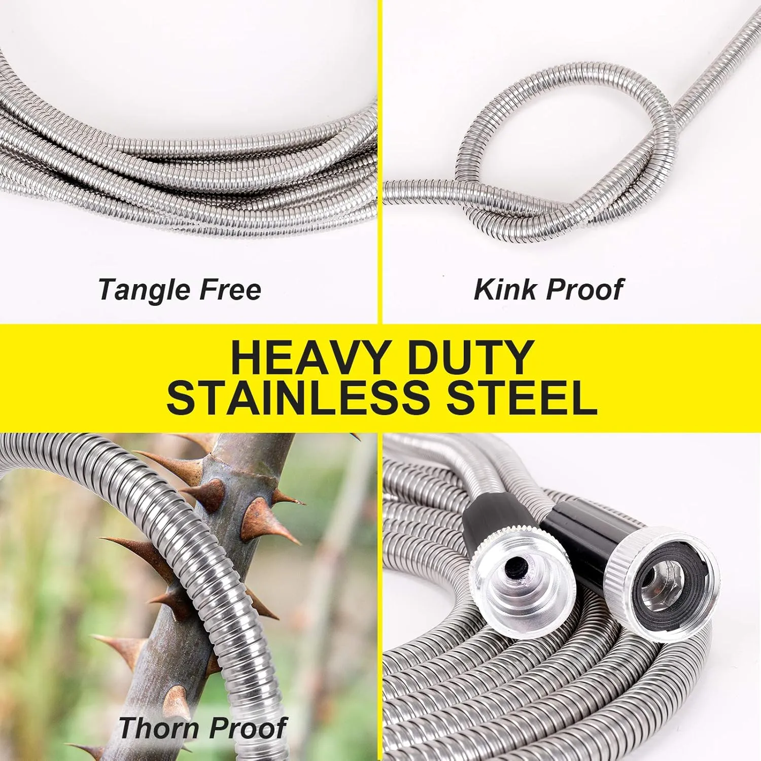 FOXEASE Metal Water Hose 100 ft - Stainless Steel Water Hose with 2 Nozzles, Lightweight, Tangle Free & Kink Free, Heavy Duty, High Pressure, Flexible, Dog Proof