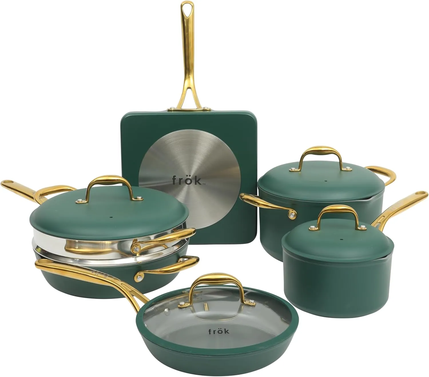 Frok 10 Piece Pots and Pans 4MM Thick Quick Heat Aluminum Cookware Set w/Premium PFA Free Ceramic Nonstick Interior Heat Resistant Exterior - Induction - Green & Gold