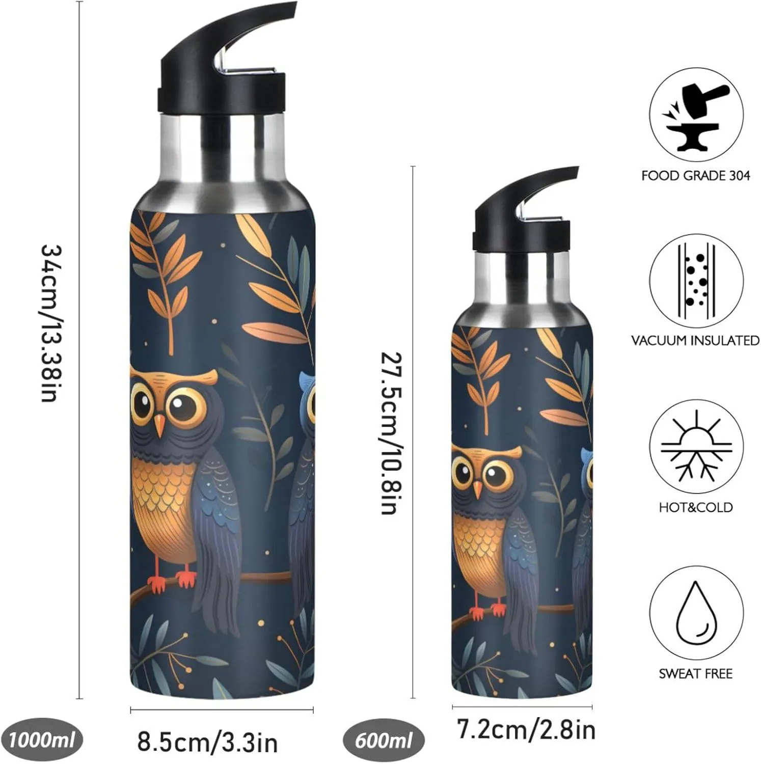 Funny Cartoon Owl Sport Water Bottle Insulated Stainless Steel Large Vacuum Flask Leak Proof Thermos with Straw for Travel(600ml/1000ml)