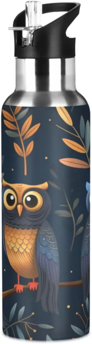 Funny Cartoon Owl Sport Water Bottle Insulated Stainless Steel Large Vacuum Flask Leak Proof Thermos with Straw for Travel(600ml/1000ml)