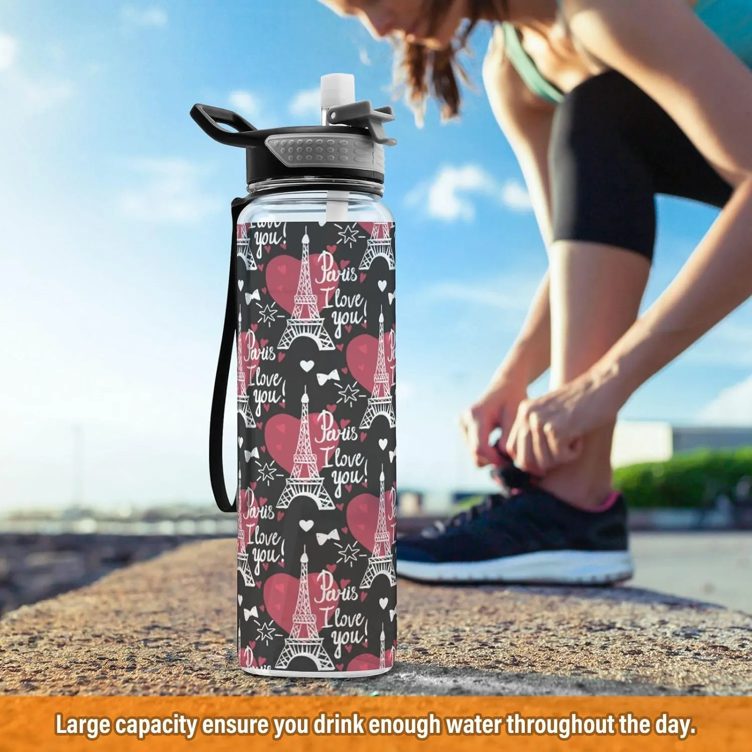 Fustylead Eiffel Tower and Heart 32oz BPA Free Water Bottle, Leak-proof Bottle with Carrying Strap, Clear Sports Bottle for Running Cycling Camping