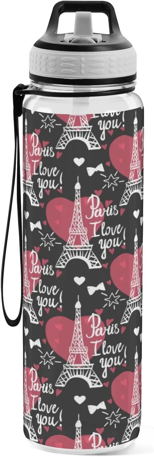 Fustylead Eiffel Tower and Heart 32oz BPA Free Water Bottle, Leak-proof Bottle with Carrying Strap, Clear Sports Bottle for Running Cycling Camping