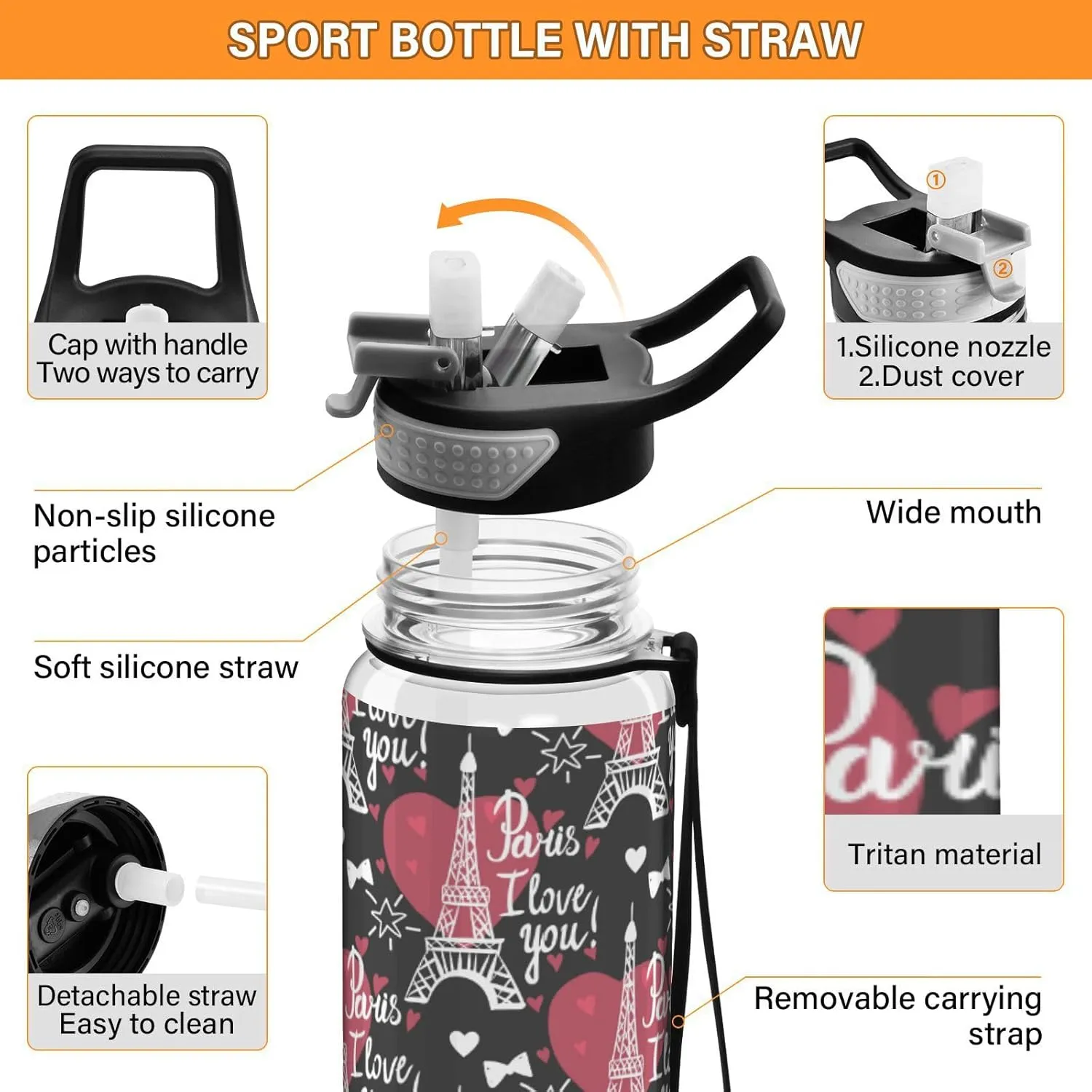 Fustylead Eiffel Tower and Heart 32oz BPA Free Water Bottle, Leak-proof Bottle with Carrying Strap, Clear Sports Bottle for Running Cycling Camping