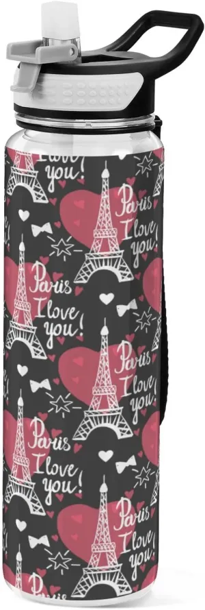 Fustylead Eiffel Tower and Heart 32oz BPA Free Water Bottle, Leak-proof Bottle with Carrying Strap, Clear Sports Bottle for Running Cycling Camping