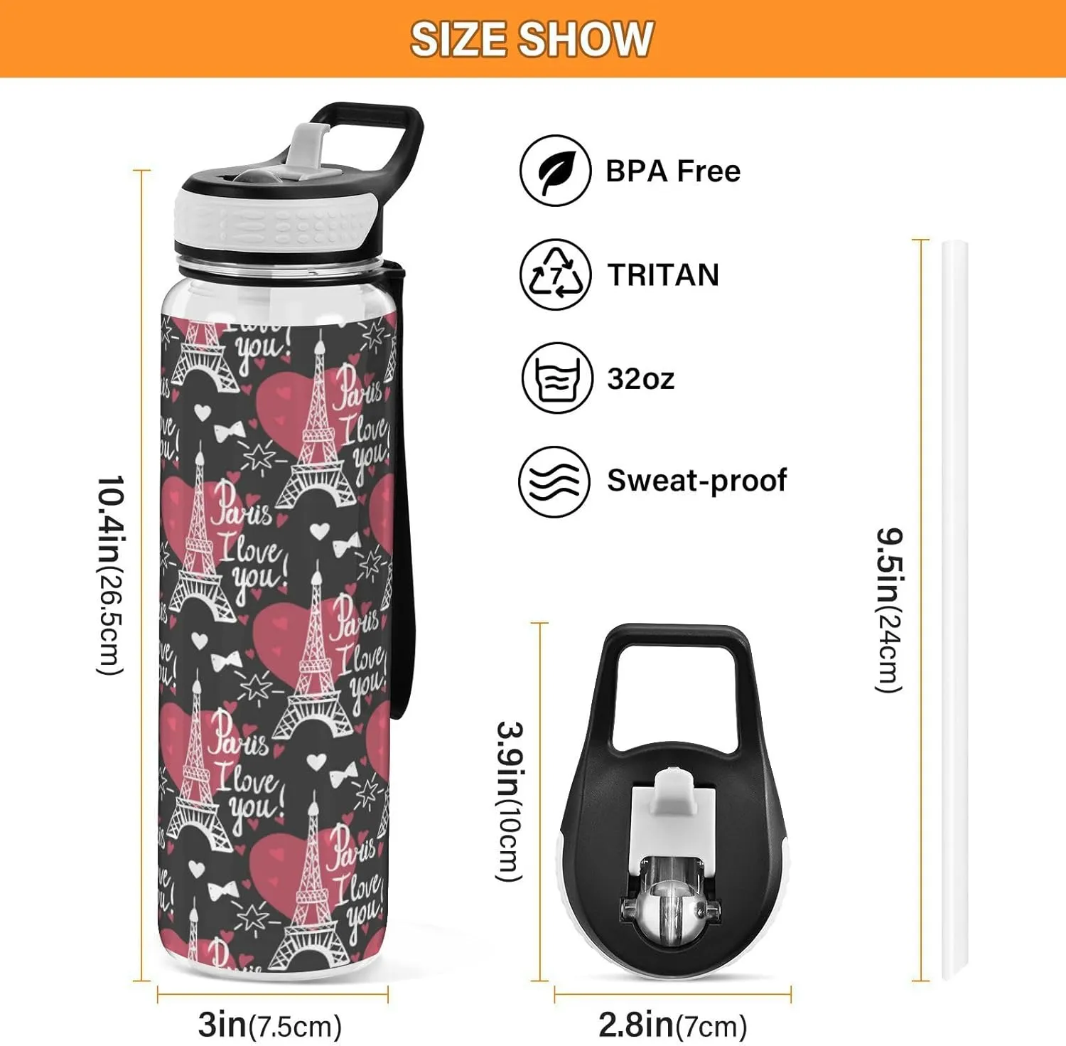 Fustylead Eiffel Tower and Heart 32oz BPA Free Water Bottle, Leak-proof Bottle with Carrying Strap, Clear Sports Bottle for Running Cycling Camping