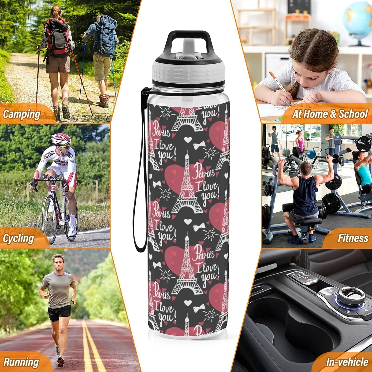 Fustylead Eiffel Tower and Heart 32oz BPA Free Water Bottle, Leak-proof Bottle with Carrying Strap, Clear Sports Bottle for Running Cycling Camping