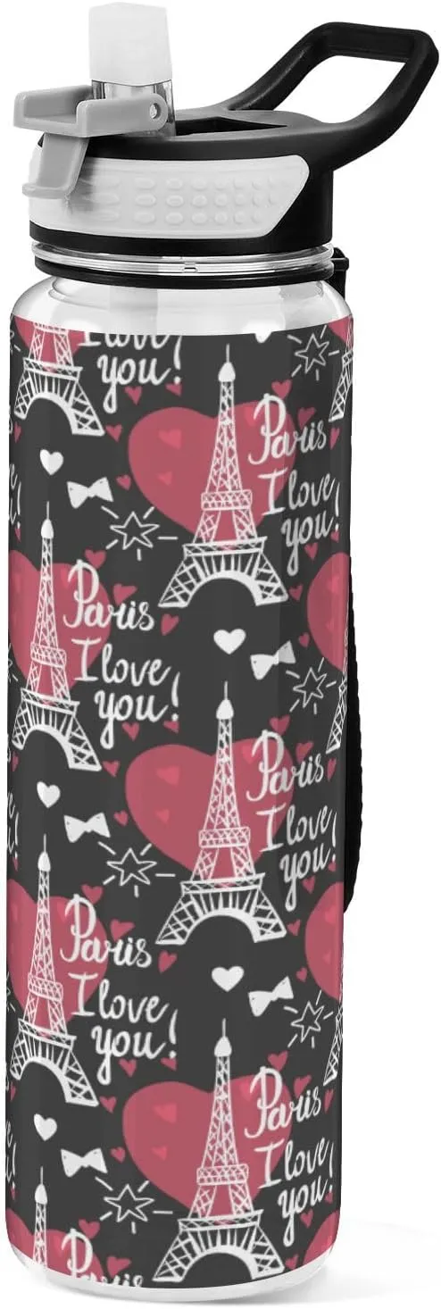 Fustylead Eiffel Tower and Heart 32oz BPA Free Water Bottle, Leak-proof Bottle with Carrying Strap, Clear Sports Bottle for Running Cycling Camping