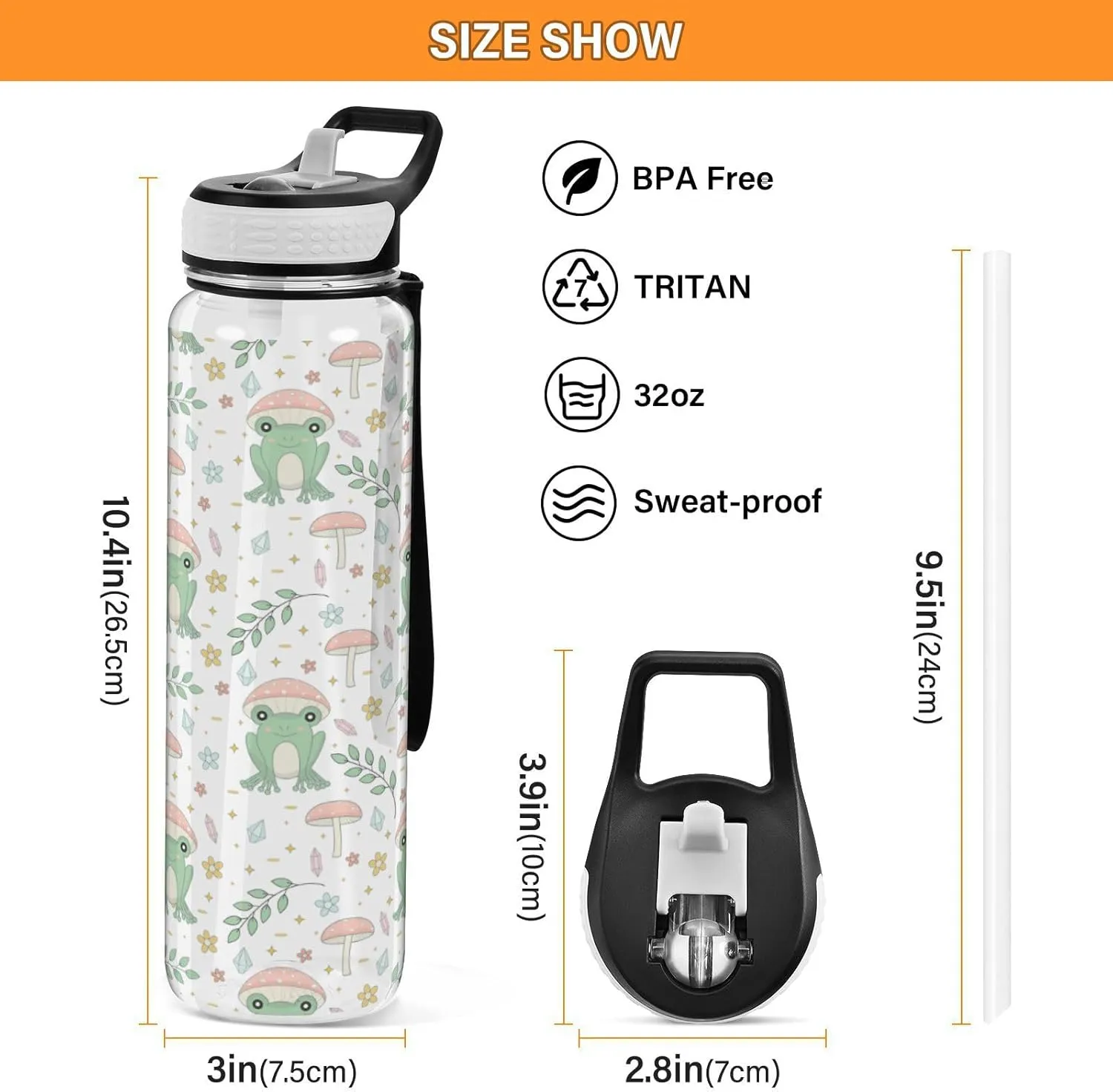Fustylead Frog and Mushrooms 32 oz BPA-Free Water Bottle with Straw, Leak-Proof Sport Bottle for Fitness, Gym, Camping, Outdoor Sports