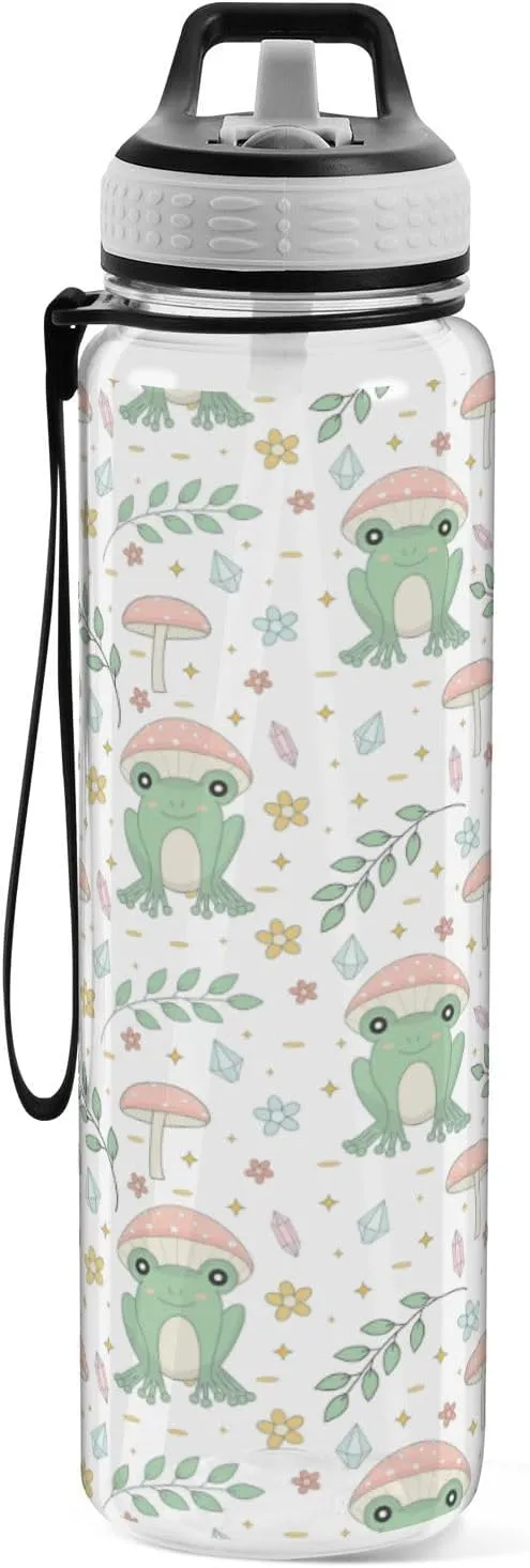 Fustylead Frog and Mushrooms 32 oz BPA-Free Water Bottle with Straw, Leak-Proof Sport Bottle for Fitness, Gym, Camping, Outdoor Sports