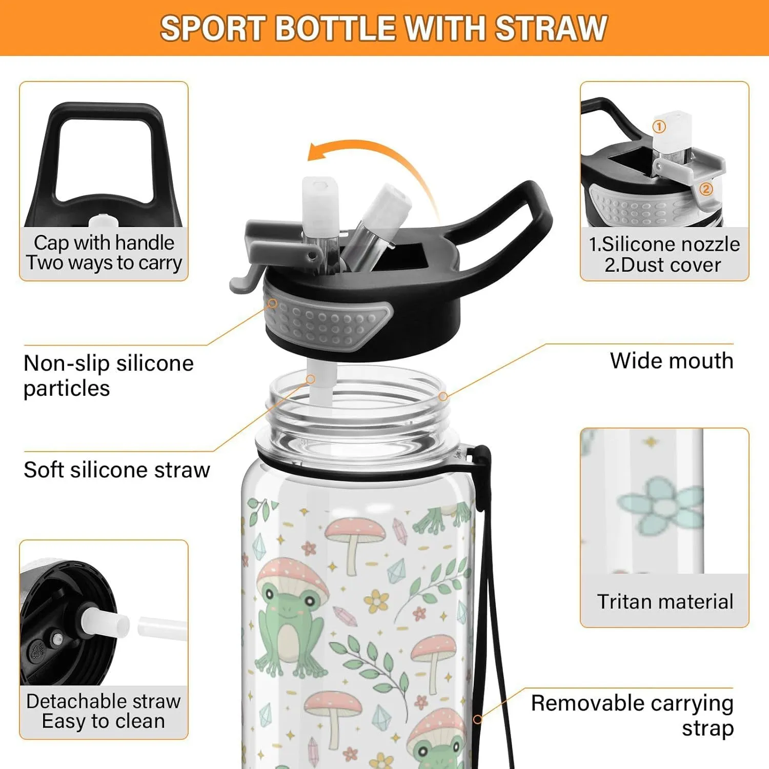 Fustylead Frog and Mushrooms 32 oz BPA-Free Water Bottle with Straw, Leak-Proof Sport Bottle for Fitness, Gym, Camping, Outdoor Sports