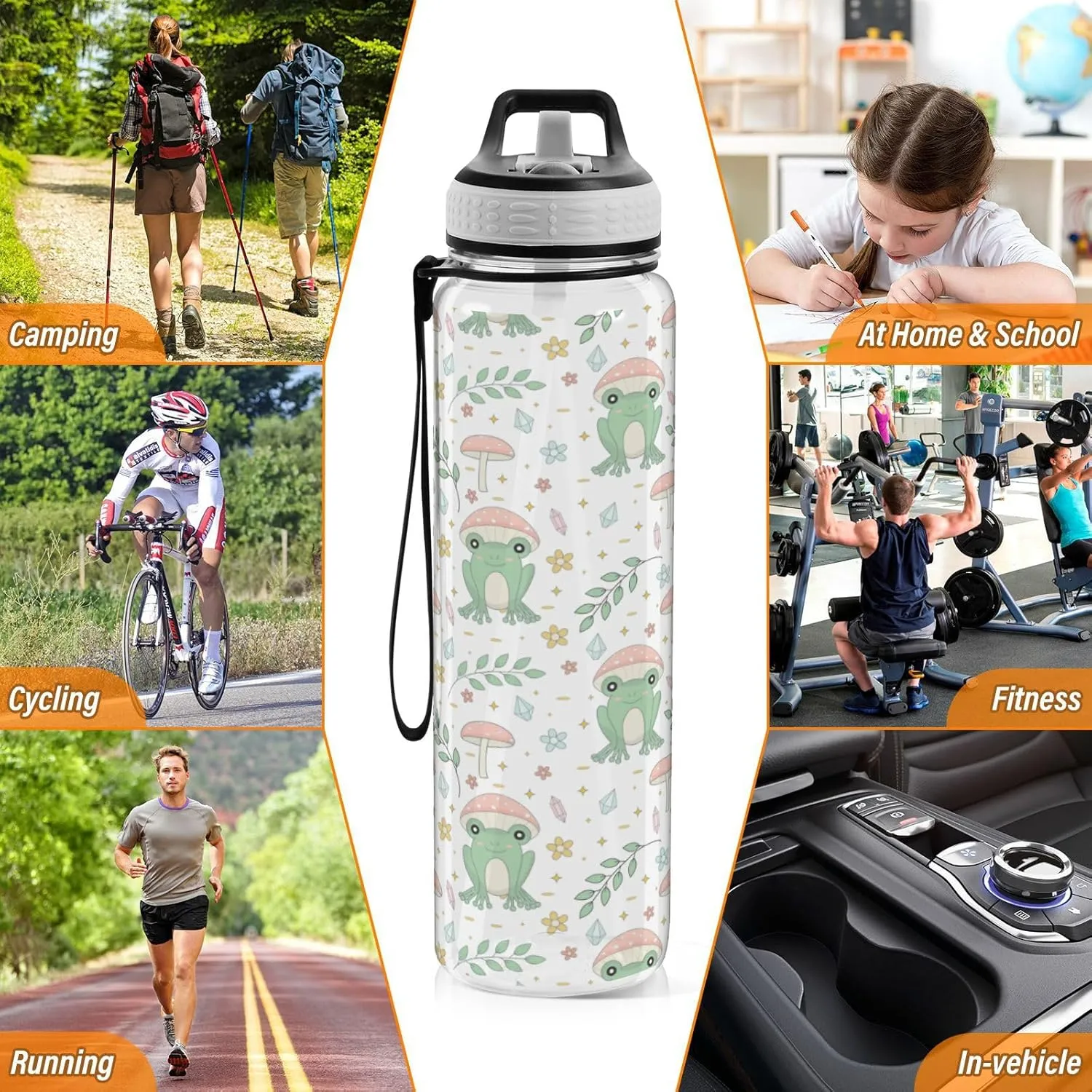 Fustylead Frog and Mushrooms 32 oz BPA-Free Water Bottle with Straw, Leak-Proof Sport Bottle for Fitness, Gym, Camping, Outdoor Sports