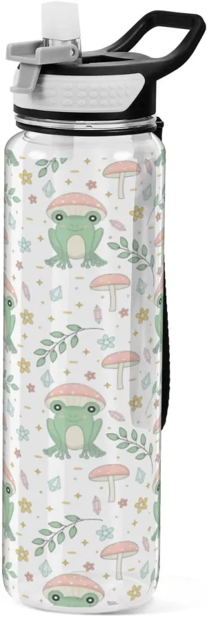 Fustylead Frog and Mushrooms 32 oz BPA-Free Water Bottle with Straw, Leak-Proof Sport Bottle for Fitness, Gym, Camping, Outdoor Sports
