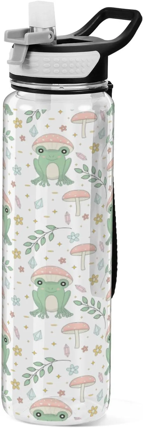 Fustylead Frog and Mushrooms 32 oz BPA-Free Water Bottle with Straw, Leak-Proof Sport Bottle for Fitness, Gym, Camping, Outdoor Sports