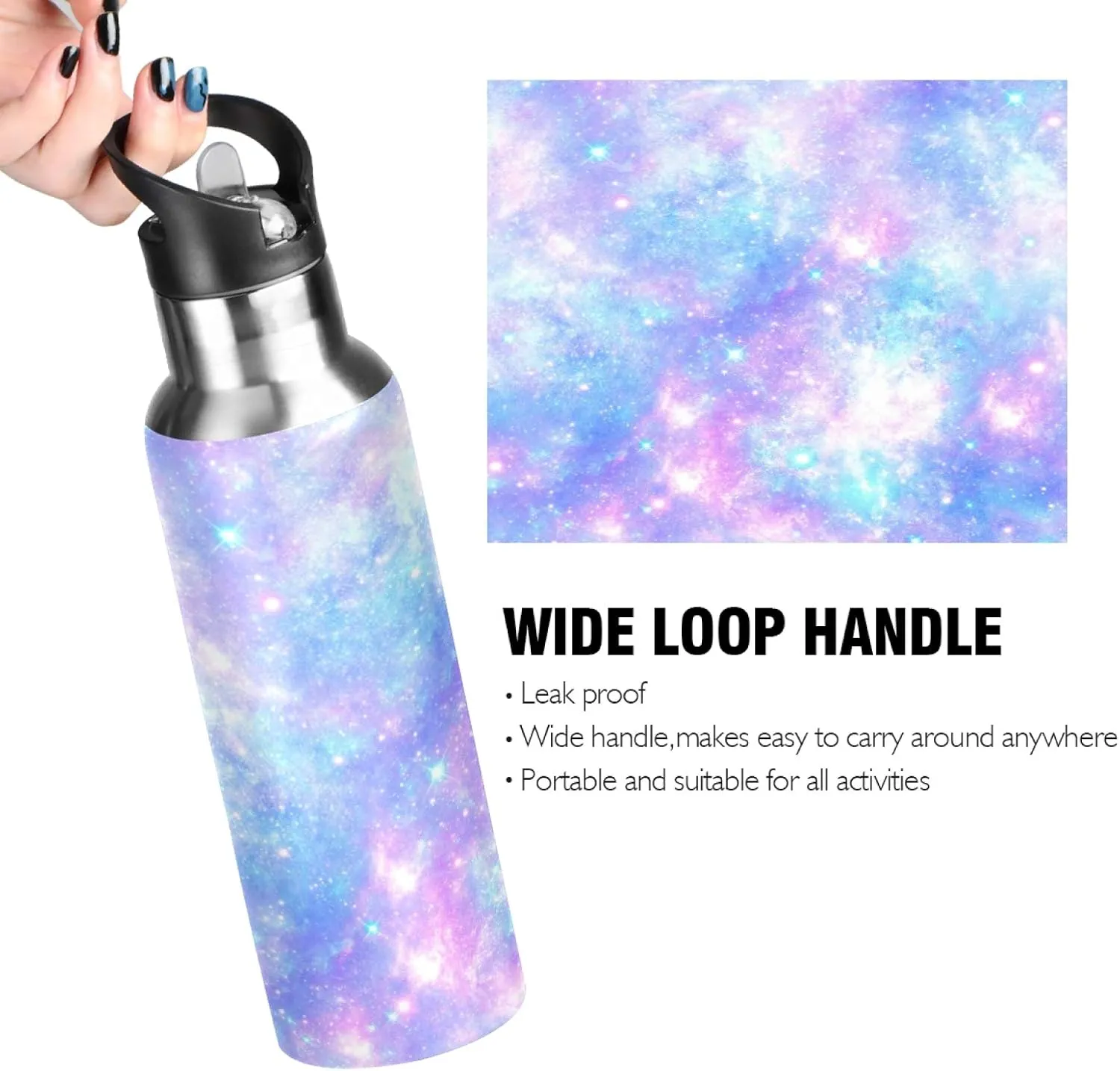 Galaxy Rainbow Star Tie Dye Sport Water Bottle with Straw, Vacuum Insulated Stainless Steel Thermal Flask Leakproof BPA Free Drinking Bottle for Gym Fitness Camping-20oz/600ml