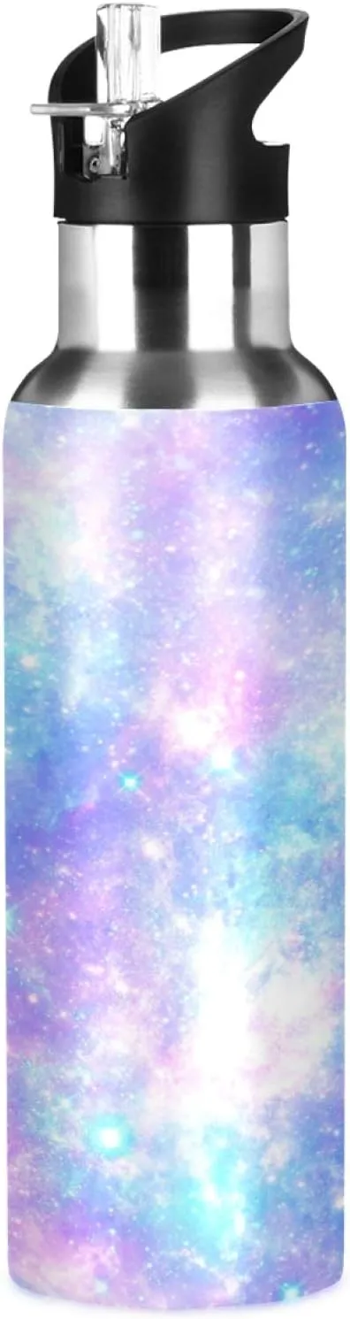 Galaxy Rainbow Star Tie Dye Sport Water Bottle with Straw, Vacuum Insulated Stainless Steel Thermal Flask Leakproof BPA Free Drinking Bottle for Gym Fitness Camping-20oz/600ml