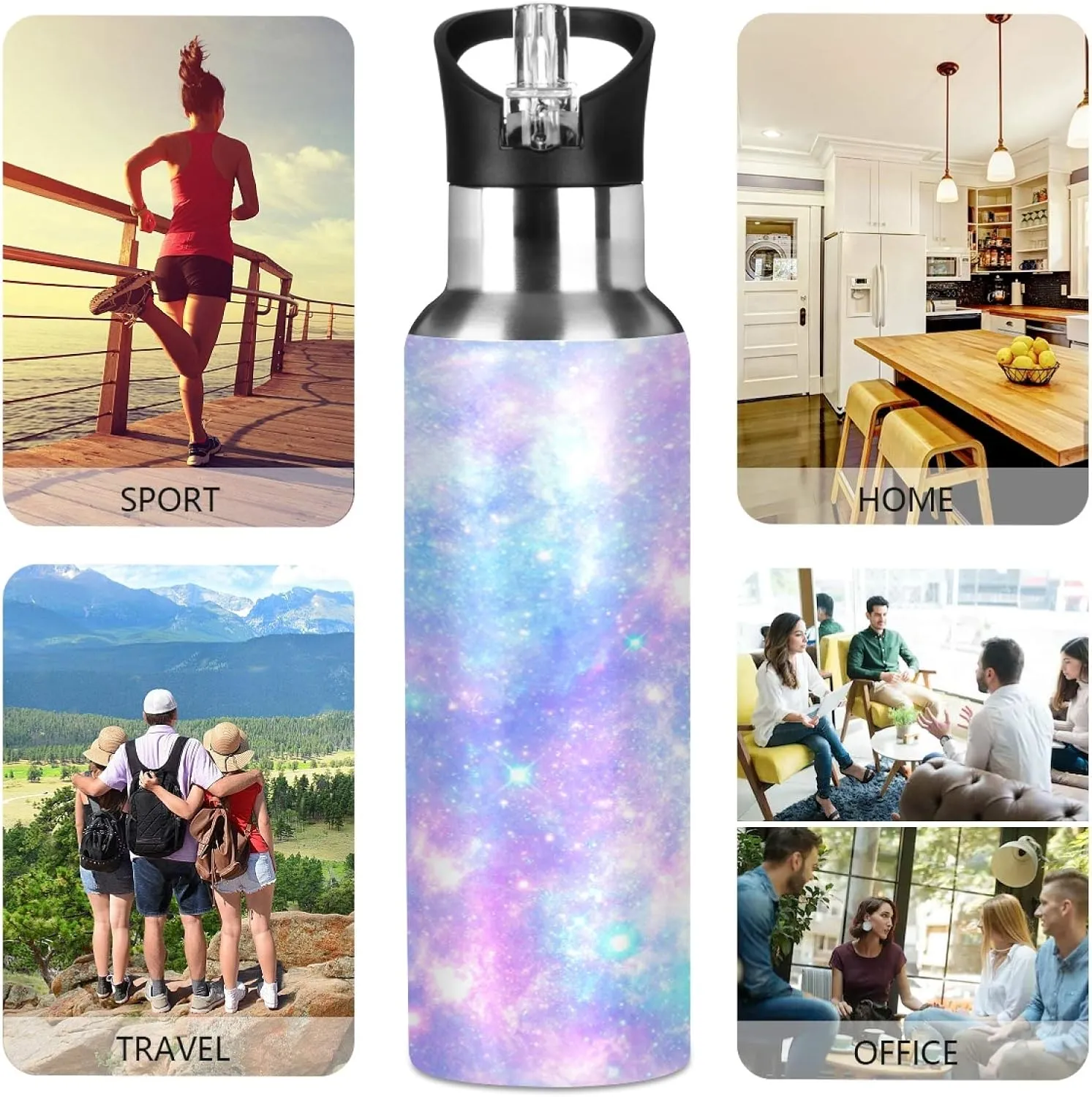 Galaxy Rainbow Star Tie Dye Sport Water Bottle with Straw, Vacuum Insulated Stainless Steel Thermal Flask Leakproof BPA Free Drinking Bottle for Gym Fitness Camping-20oz/600ml