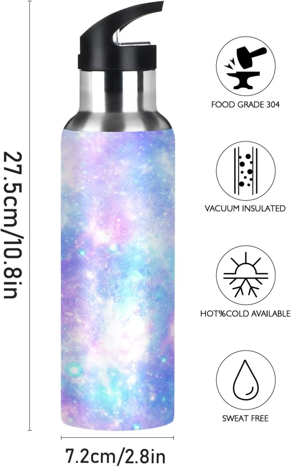 Galaxy Rainbow Star Tie Dye Sport Water Bottle with Straw, Vacuum Insulated Stainless Steel Thermal Flask Leakproof BPA Free Drinking Bottle for Gym Fitness Camping-20oz/600ml