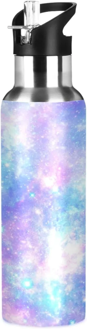 Galaxy Rainbow Star Tie Dye Sport Water Bottle with Straw, Vacuum Insulated Stainless Steel Thermal Flask Leakproof BPA Free Drinking Bottle for Gym Fitness Camping-20oz/600ml