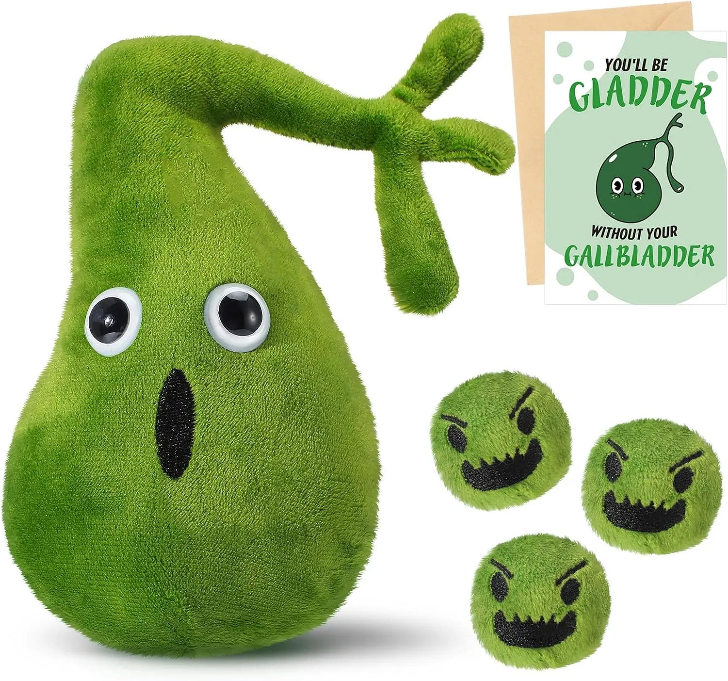 Gallbladder Plush Set Gall Surgery Recovery Gifts Include Gall Plush with Gallstones Stuffed and Gallbladder Get Well Card Operation Removal Gift for Gallstones Patient(Green)
