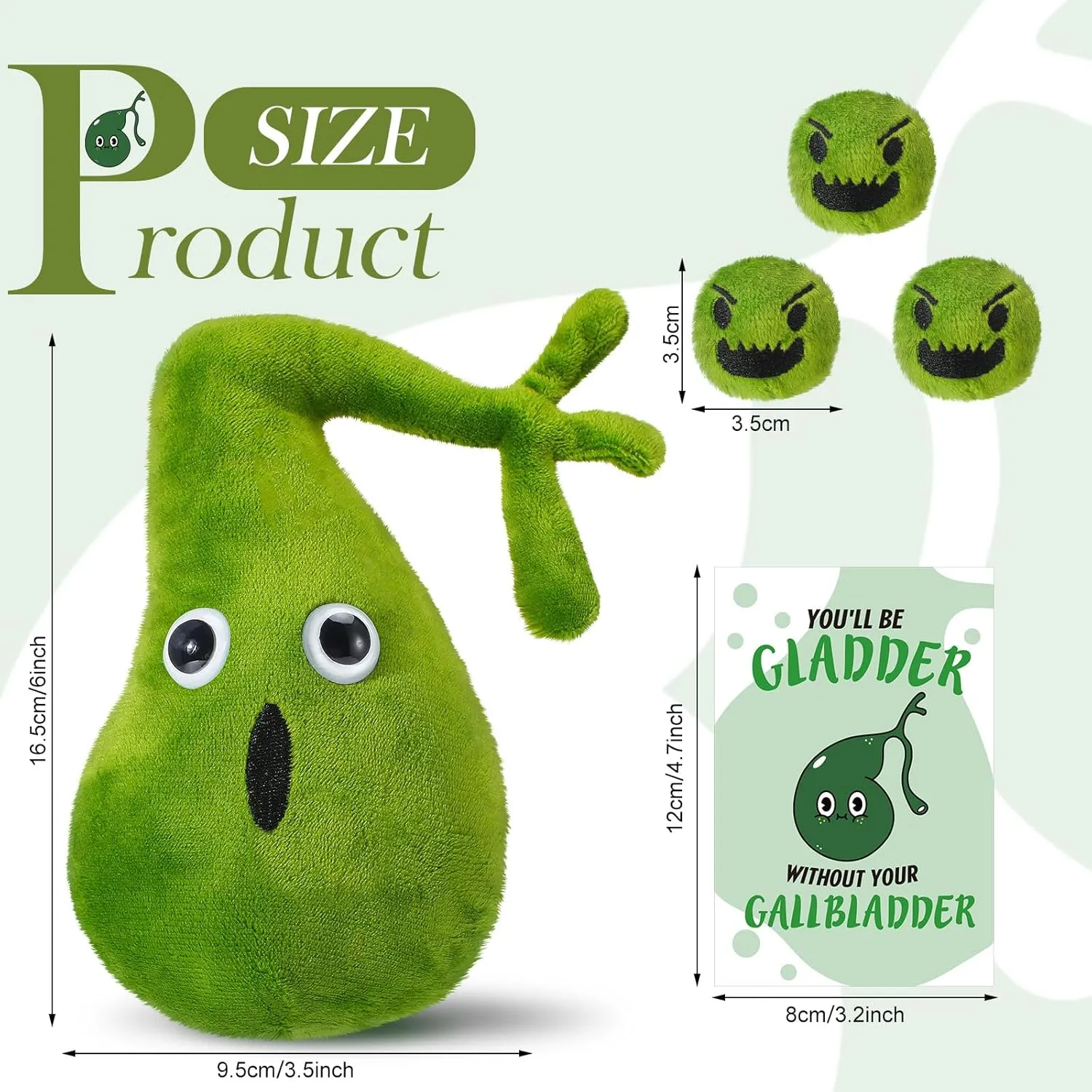 Gallbladder Plush Set Gall Surgery Recovery Gifts Include Gall Plush with Gallstones Stuffed and Gallbladder Get Well Card Operation Removal Gift for Gallstones Patient(Green)