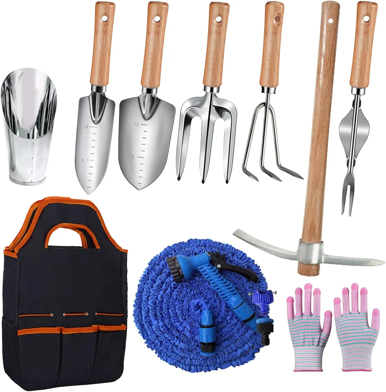 Garden Tools Set 26 Piece, Succulent Tools Set Included, Heavy Duty Stainless Steel Gardening Tools,Ergonomic Handle Tools, Storage Tote Bag,295in Water Pipe,ice Pickaxe,Ideal Gifts for Women