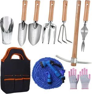 Garden Tools Set 26 Piece, Succulent Tools Set Included, Heavy Duty Stainless Steel Gardening Tools,Ergonomic Handle Tools, Storage Tote Bag,295in Water Pipe,ice Pickaxe,Ideal Gifts for Women