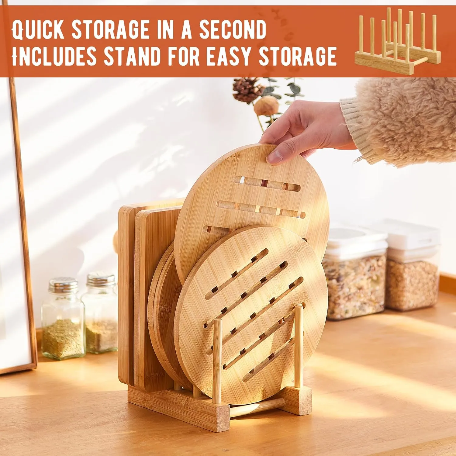 GHWIE Bamboo Trivet with Stand, Heat Resistant Pot Holders, Multi-Purpose Hot Pads, Hot Plate Mats, Large Stove Mat, Air Fryer Accessories, 8PCS