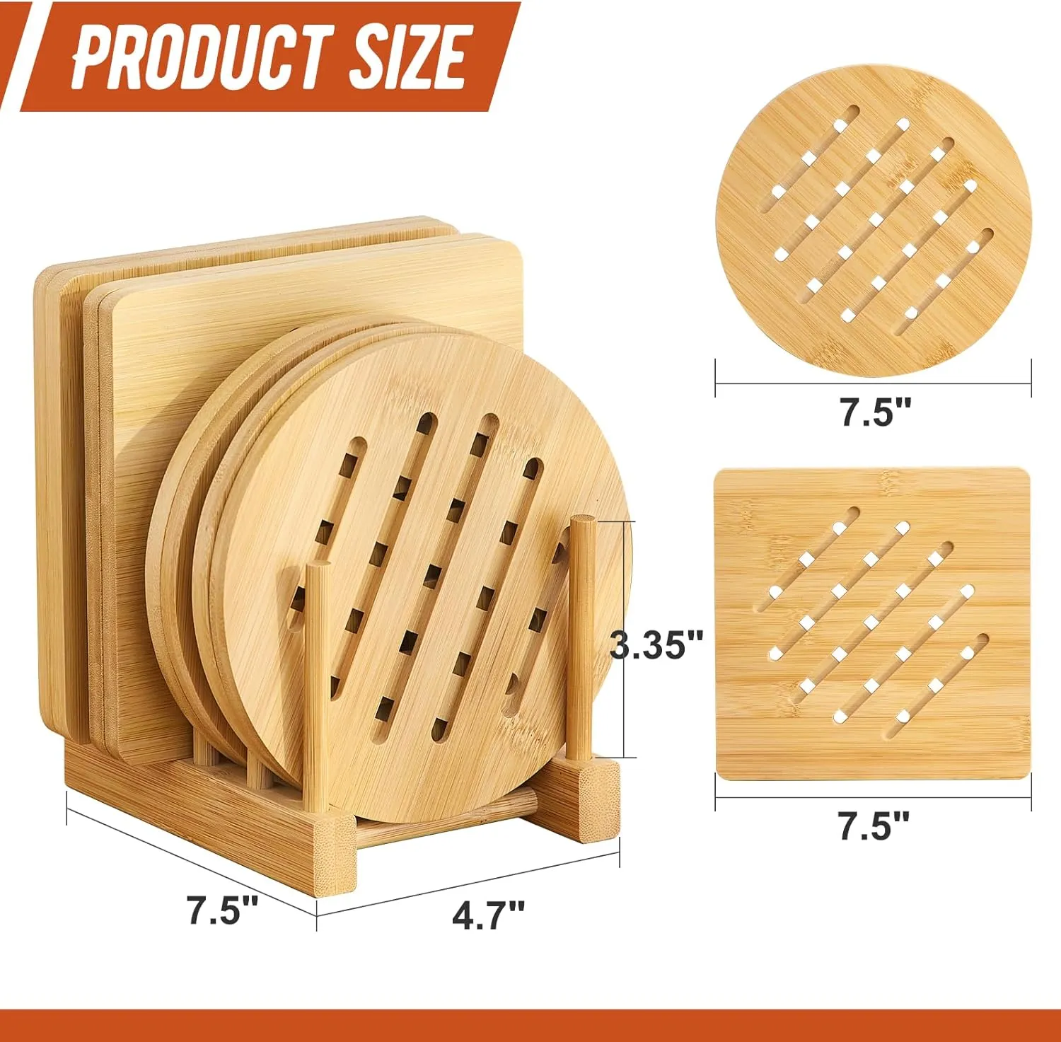 GHWIE Bamboo Trivet with Stand, Heat Resistant Pot Holders, Multi-Purpose Hot Pads, Hot Plate Mats, Large Stove Mat, Air Fryer Accessories, 8PCS