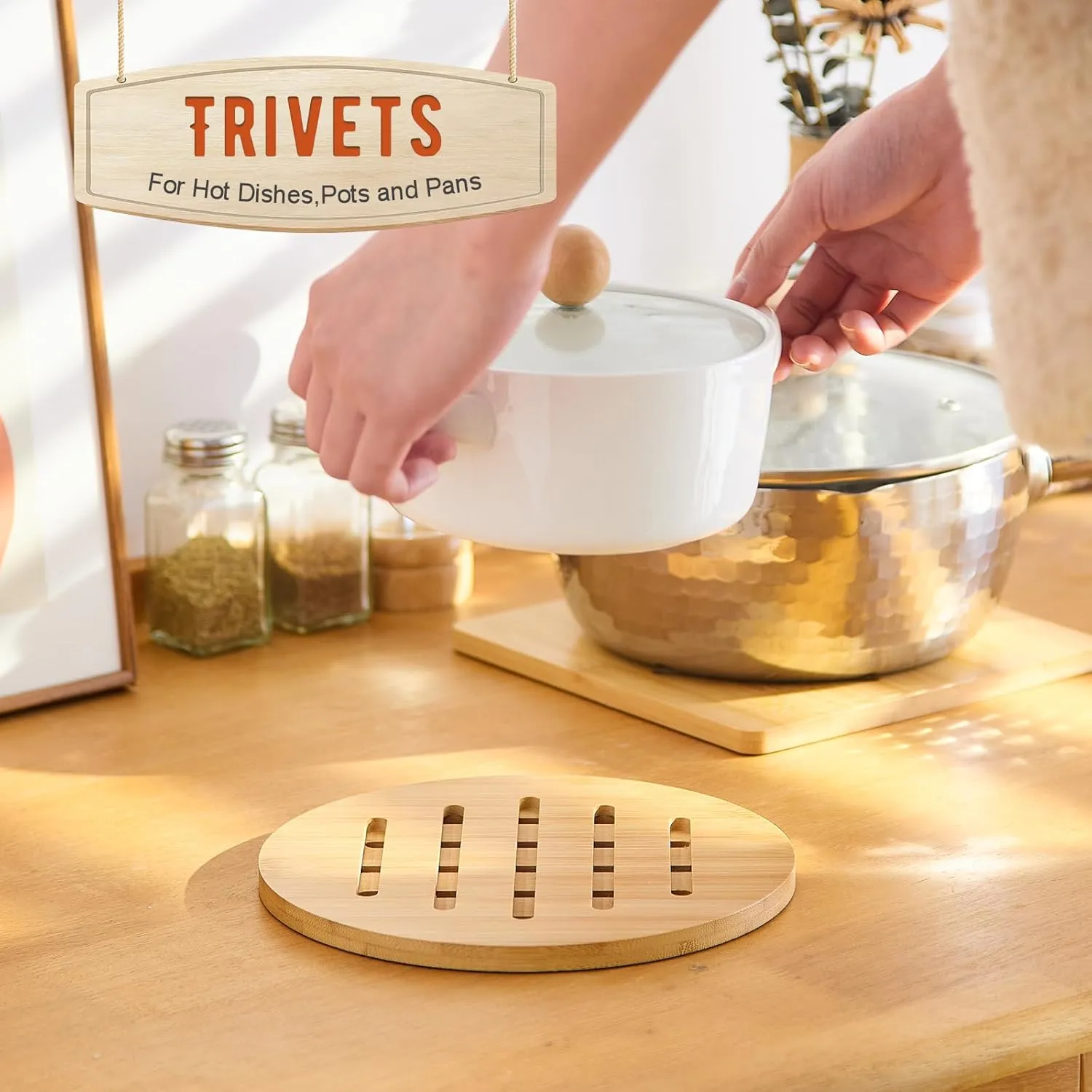 GHWIE Bamboo Trivet with Stand, Heat Resistant Pot Holders, Multi-Purpose Hot Pads, Hot Plate Mats, Large Stove Mat, Air Fryer Accessories, 8PCS