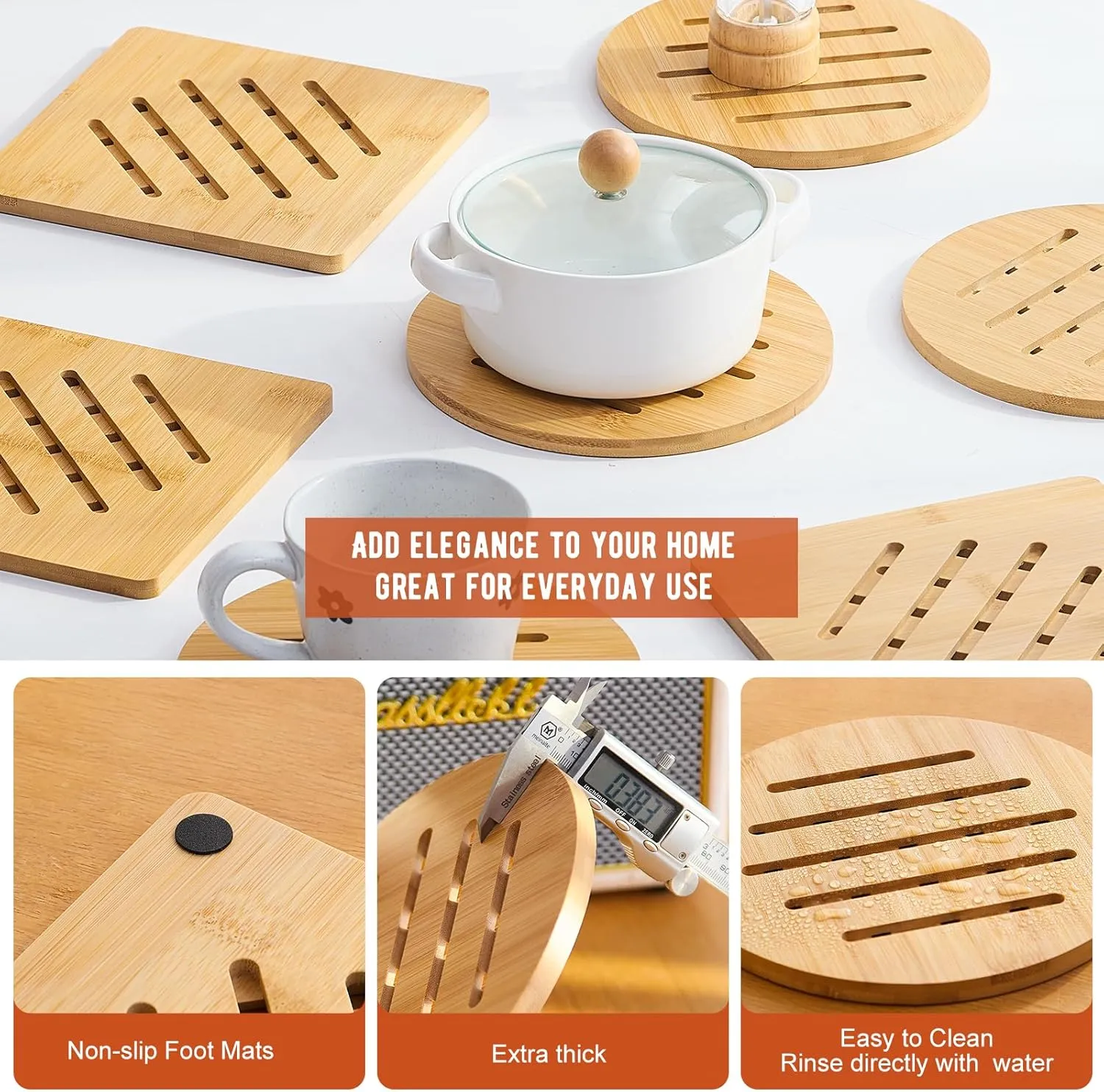 GHWIE Bamboo Trivet with Stand, Heat Resistant Pot Holders, Multi-Purpose Hot Pads, Hot Plate Mats, Large Stove Mat, Air Fryer Accessories, 8PCS
