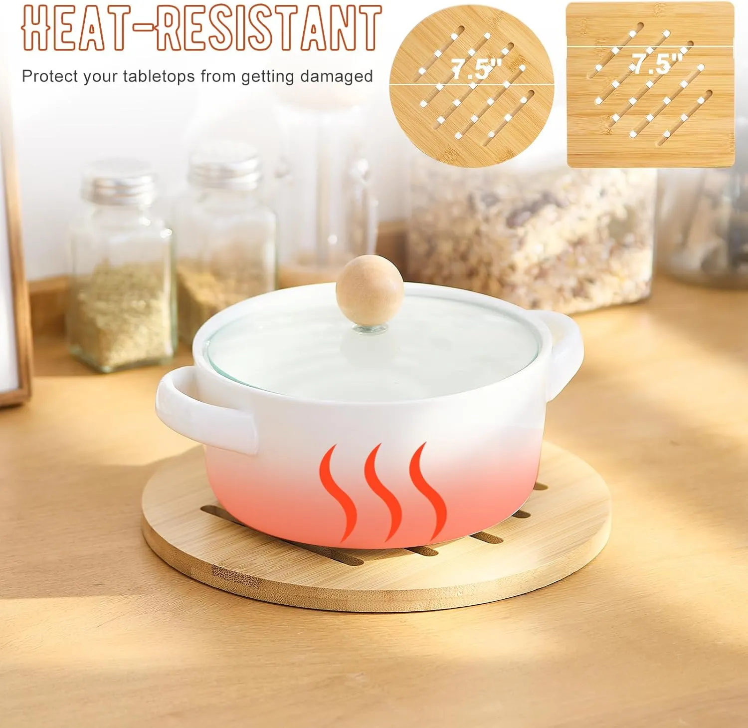 GHWIE Bamboo Trivet with Stand, Heat Resistant Pot Holders, Multi-Purpose Hot Pads, Hot Plate Mats, Large Stove Mat, Air Fryer Accessories, 8PCS