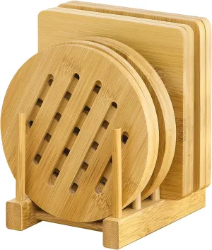 GHWIE Bamboo Trivet with Stand, Heat Resistant Pot Holders, Multi-Purpose Hot Pads, Hot Plate Mats, Large Stove Mat, Air Fryer Accessories, 8PCS
