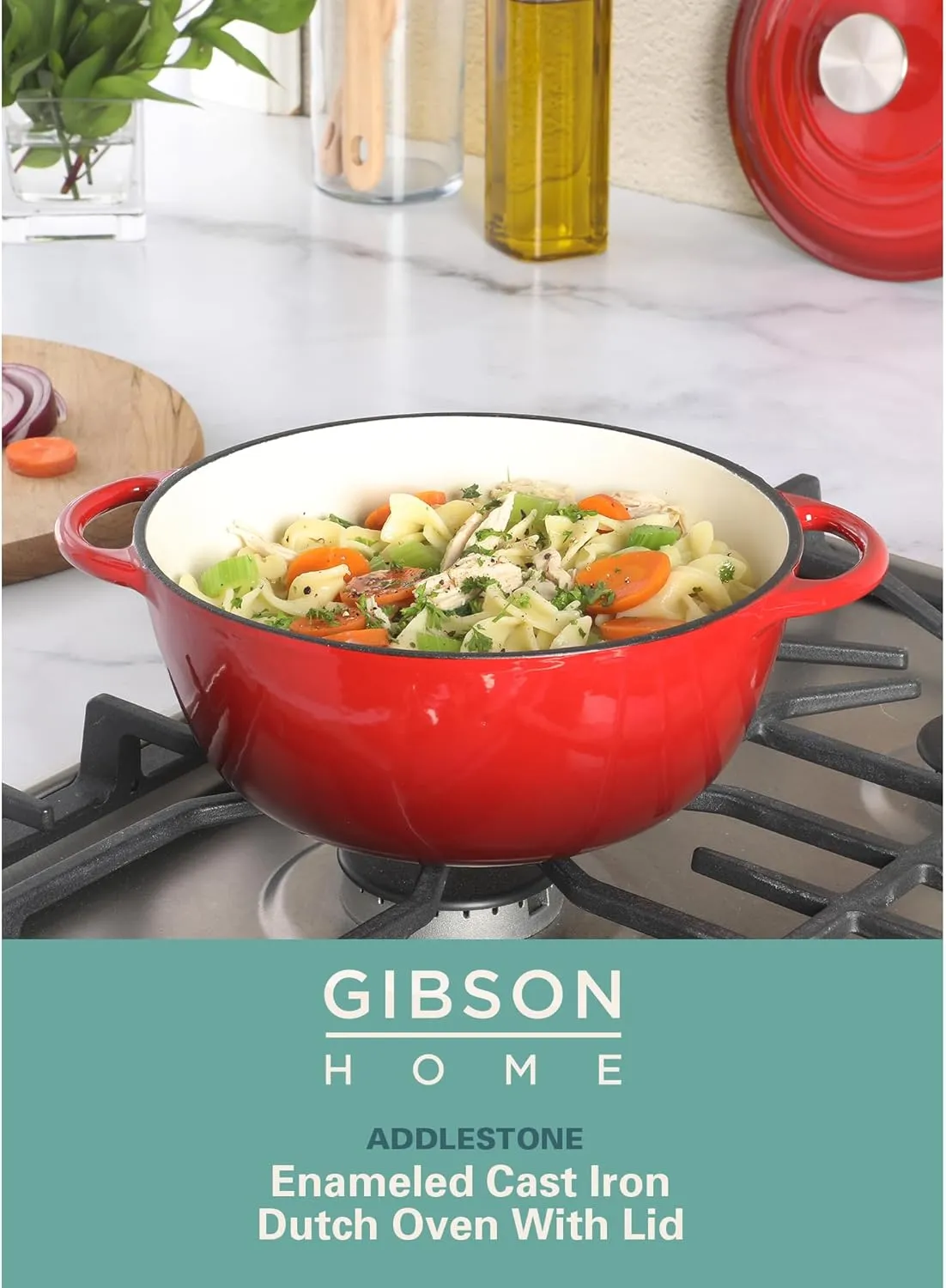 Gibson Home Addlestone 2.65 Quart Round Enamel Cast Iron Dutch Oven Pot With Lid & Dual Handles - Red