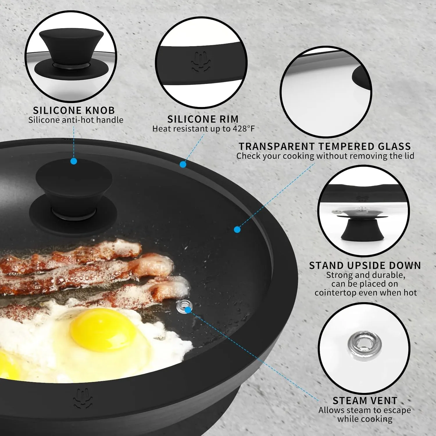 Glass Lid for Pans, Pots and Skillets Ventd Tempered Glass Lid with Heat Resistant Silicone Rim Fits 12" Diameter Cookware, Dishwasher Safe, Black