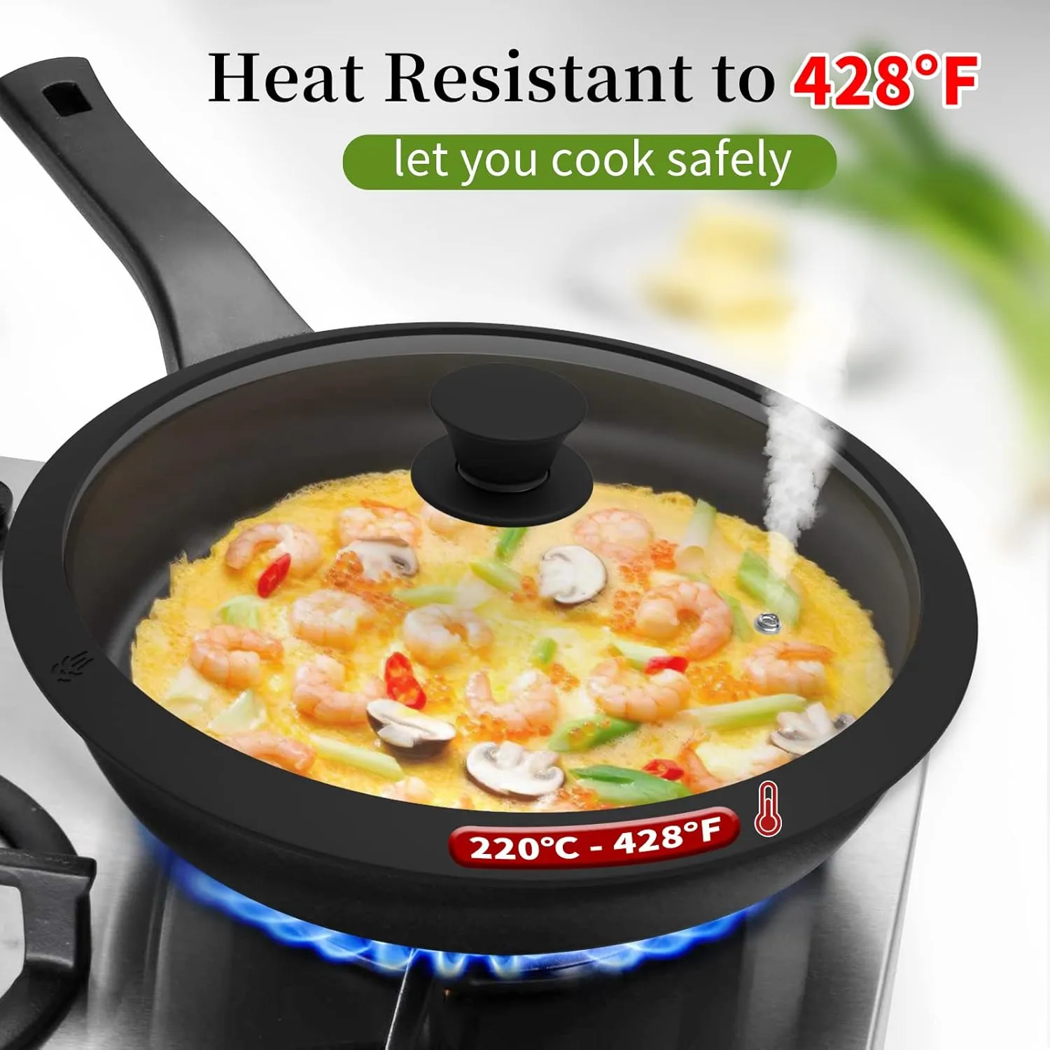 Glass Lid for Pans, Pots and Skillets Ventd Tempered Glass Lid with Heat Resistant Silicone Rim Fits 12" Diameter Cookware, Dishwasher Safe, Black