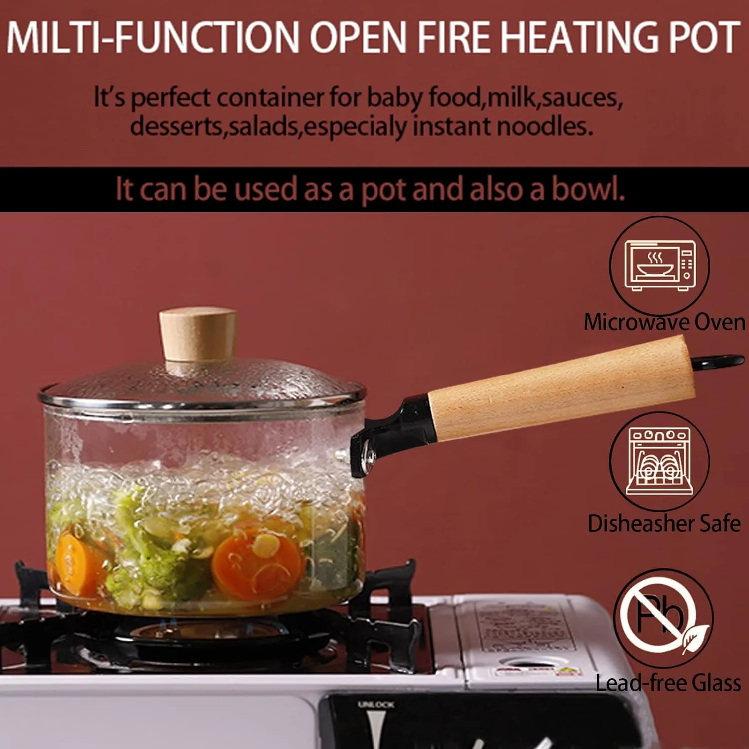 Glass Pot for Stove Top,60Oz/1.8L Clear Glass Pot Set for Cooking,Saucepan with Cover,Heat-resistant Simmer Pot for Pasta,Soup,Milk,Cookware with Lid and Dual Handle