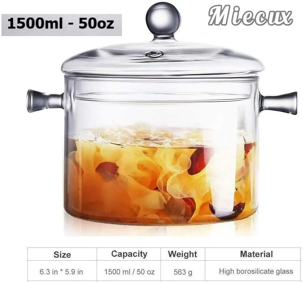 Glass Saucepan with Cover,1.5L/50 OZ Heat-resistant Glass Stovetop Pot and Pan with Lid, The Best Handmade Glass Cookware Set Cooktop Safe for Pasta Noodle, Soup, Milk, Baby Food