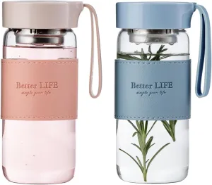 Glass tea bottle 16 oz drinking bottle with Non-Slip holster, and Stainless Tea leak, Leak Proof Lid for School, office, car，home,as a gift, etc (Blue Pink)