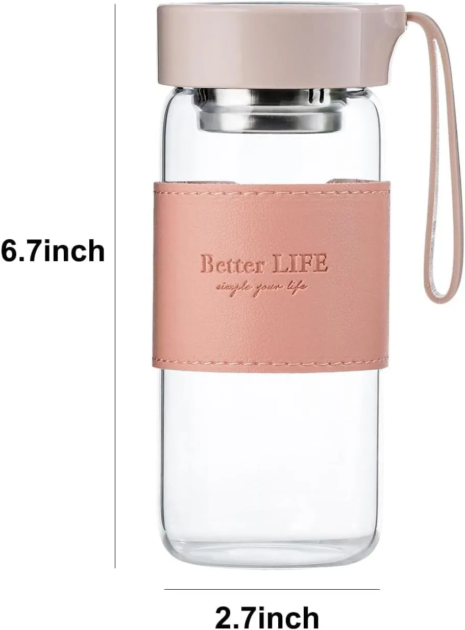 Glass tea bottle 16 oz drinking bottle with Non-Slip holster, and Stainless Tea leak, Leak Proof Lid for School, office, car，home,as a gift, etc (Blue Pink)