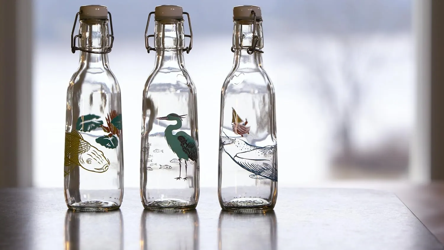 Glass Water Bottle (Heron), Made in USA, Reusable, Swing Lid, Non Toxic, BPA-Free, Zero Plastic, 500 ml 16.9 oz., Leak Proof, Fits Most Cup Holders, Dishwasher Safe