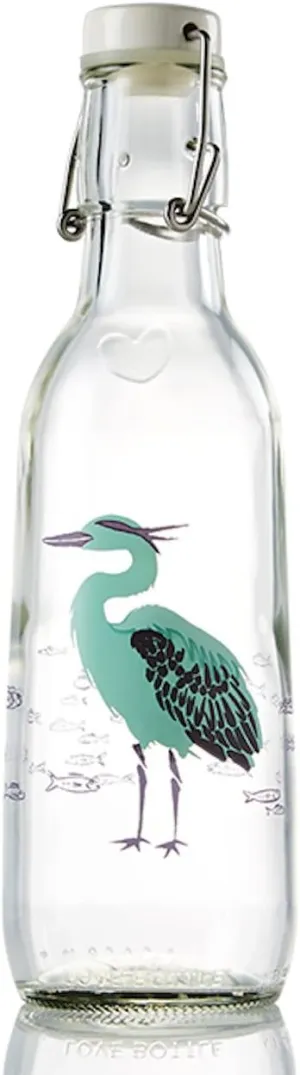 Glass Water Bottle (Heron), Made in USA, Reusable, Swing Lid, Non Toxic, BPA-Free, Zero Plastic, 500 ml 16.9 oz., Leak Proof, Fits Most Cup Holders, Dishwasher Safe