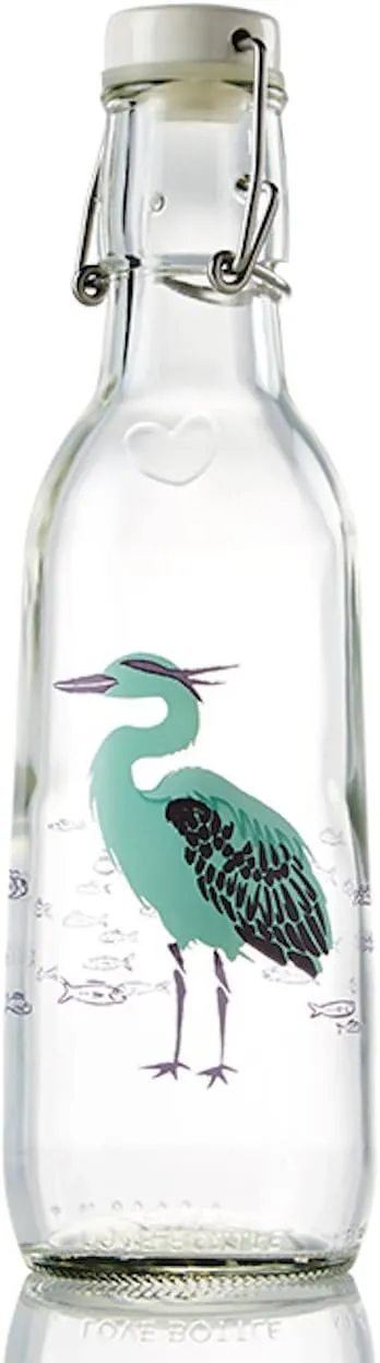 Glass Water Bottle (Heron), Made in USA, Reusable, Swing Lid, Non Toxic, BPA-Free, Zero Plastic, 500 ml 16.9 oz., Leak Proof, Fits Most Cup Holders, Dishwasher Safe