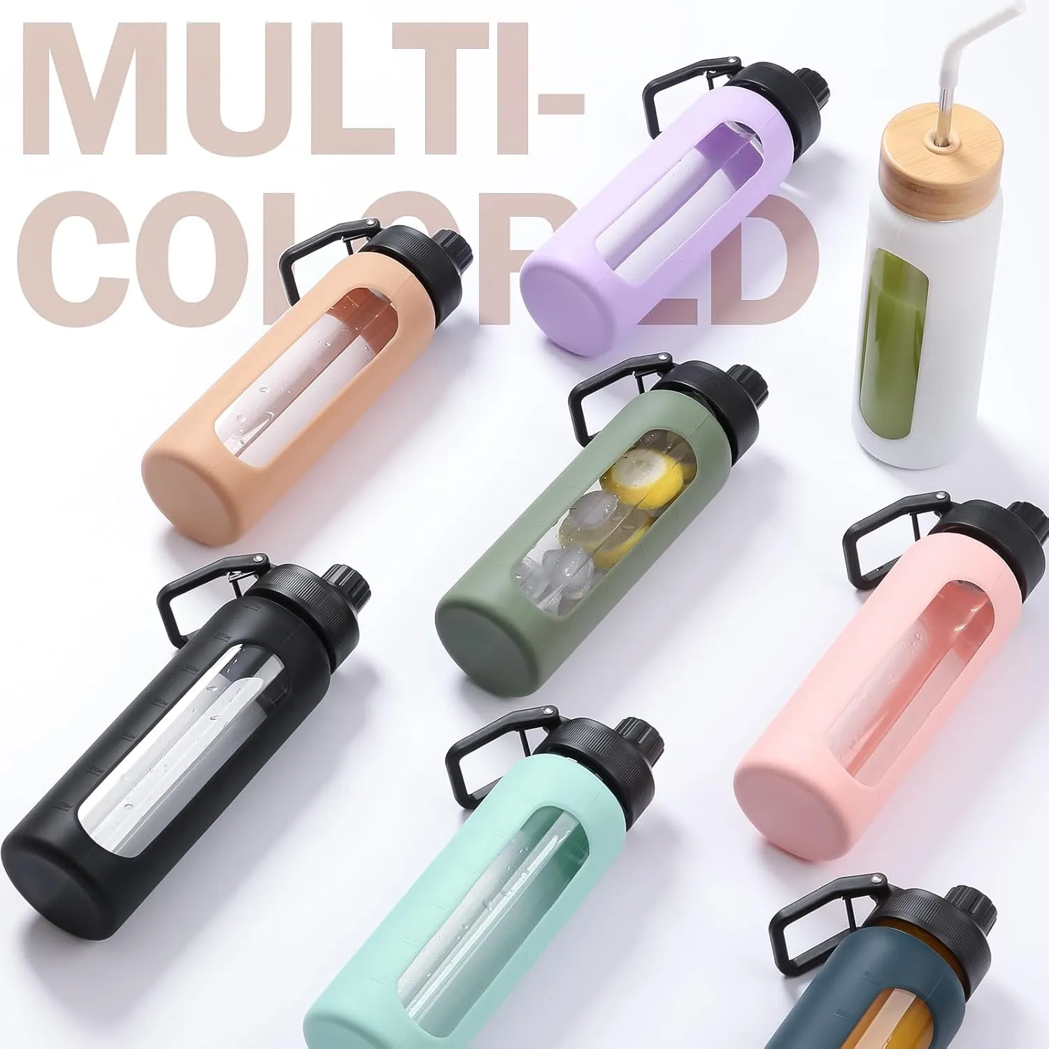 Glass Water Bottle with Straw, 24oz Glass Drinking Bottle with 2 Lids-Bamboo and Spout Lid with Phone Holder for Gym Sports,with Silicone Sleeve and Time Marker,Wide Mouth, BPA Free,Blue