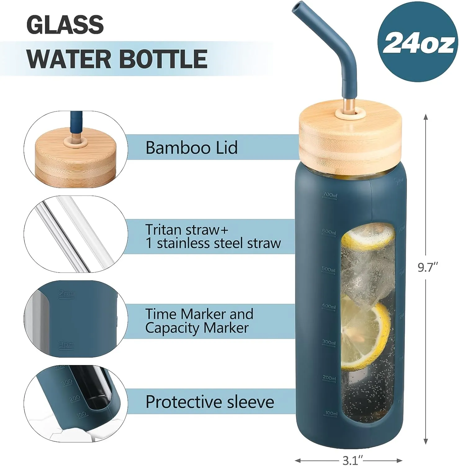 Glass Water Bottle with Straw, 24oz Glass Drinking Bottle with 2 Lids-Bamboo and Spout Lid with Phone Holder for Gym Sports,with Silicone Sleeve and Time Marker,Wide Mouth, BPA Free,Blue