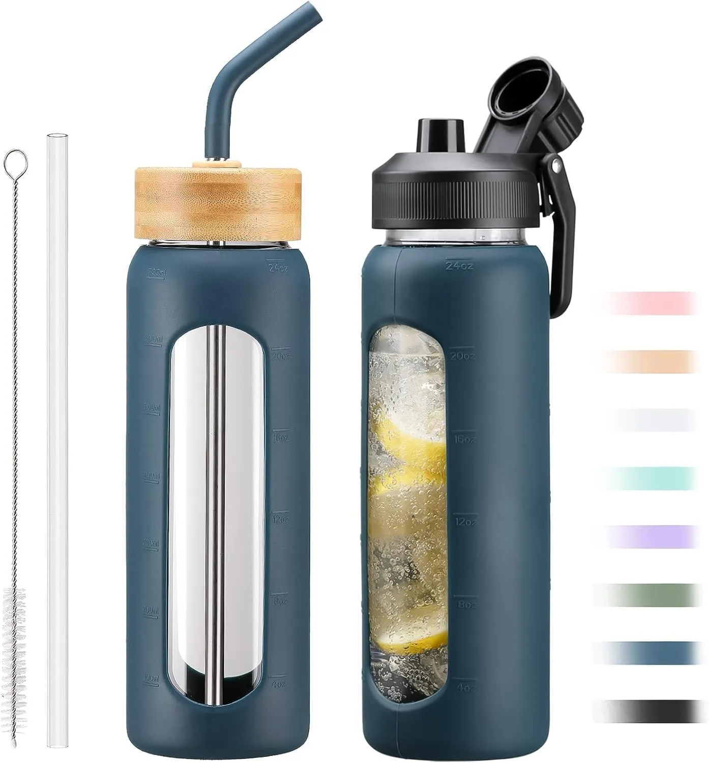 Glass Water Bottle with Straw, 24oz Glass Drinking Bottle with 2 Lids-Bamboo and Spout Lid with Phone Holder for Gym Sports,with Silicone Sleeve and Time Marker,Wide Mouth, BPA Free,Blue