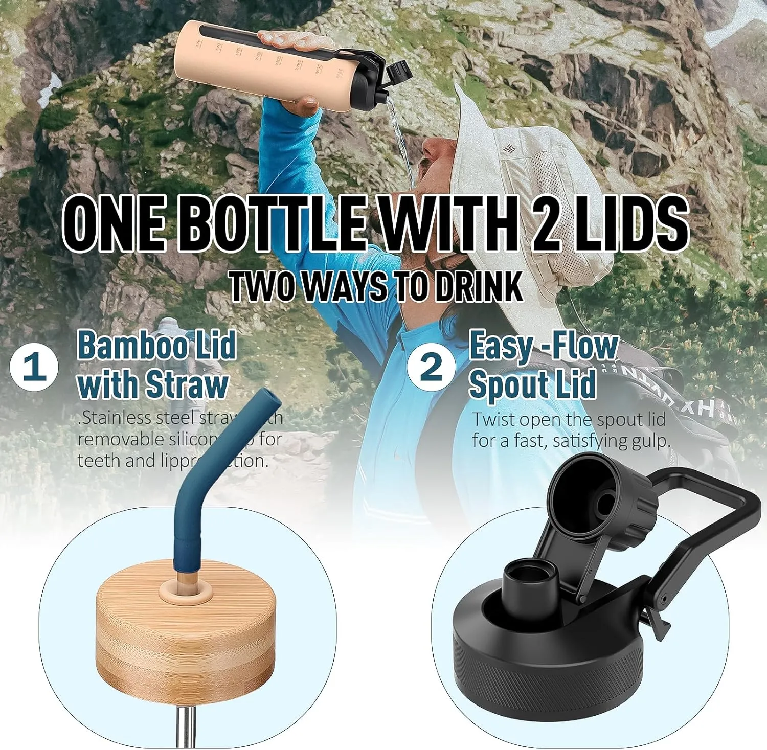 Glass Water Bottle with Straw, 24oz Glass Drinking Bottle with 2 Lids-Bamboo and Spout Lid with Phone Holder for Gym Sports,with Silicone Sleeve and Time Marker,Wide Mouth, BPA Free,Blue